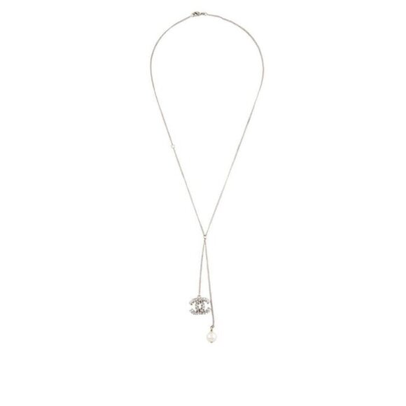 CHANEL Silver Faux Pearl & Crystal CC Pendant Necklace - Picture 8 of 8